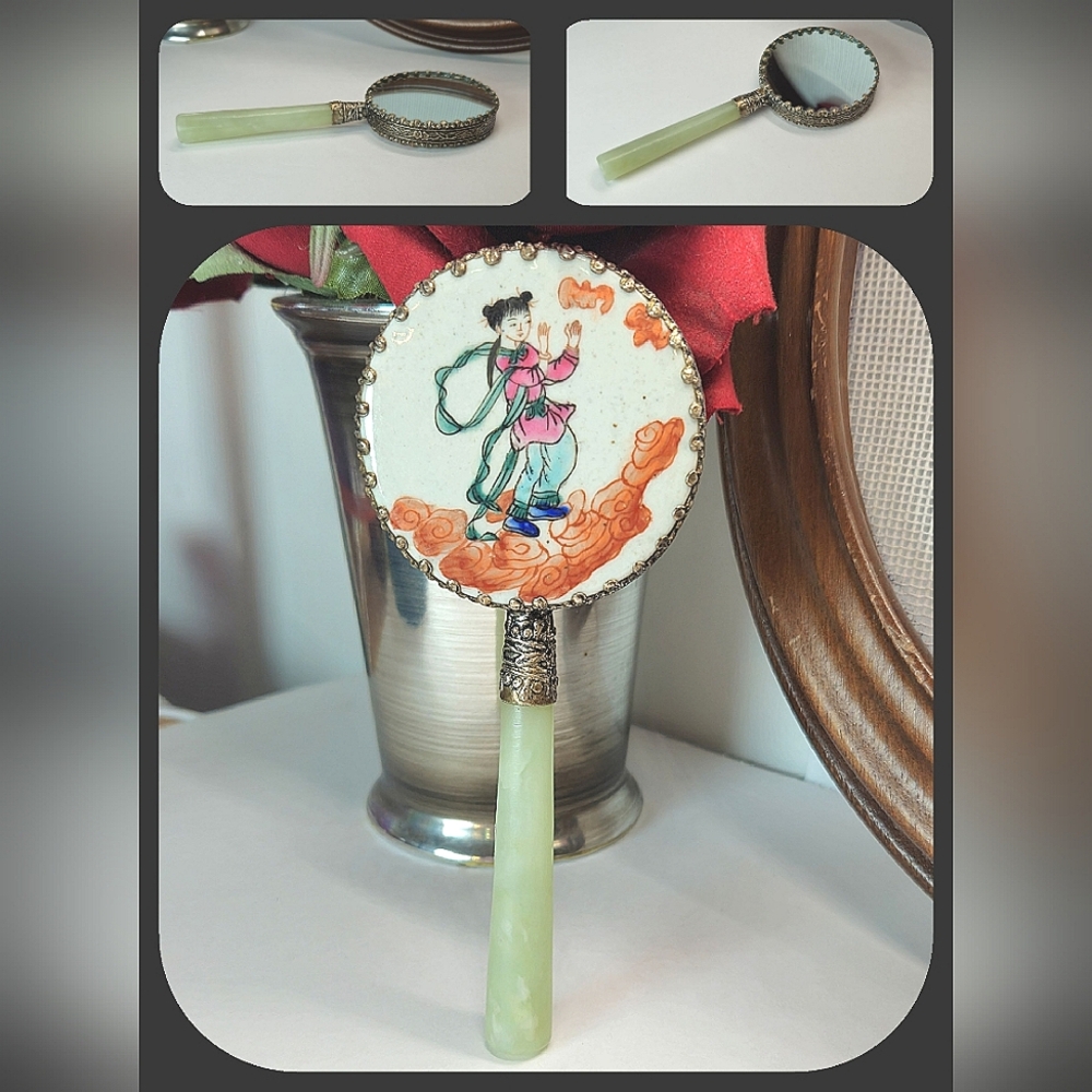 Vintage Chinese Hand Painted with Jade Stone  Handle Silver Vanity Mirror